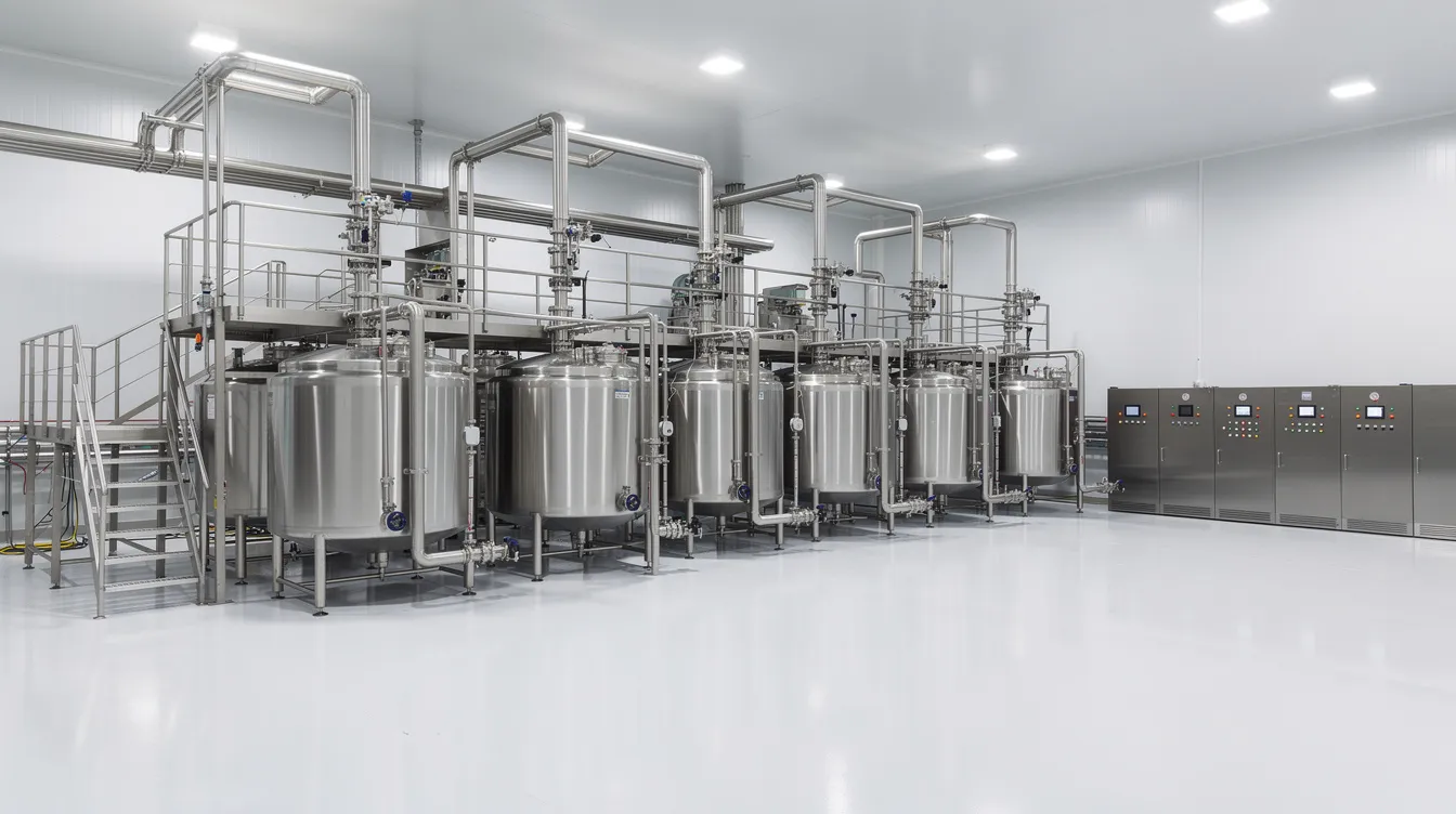 The image shows a wide view of a modern dairy processing facility featuring large stainless steel tanks and intricate piping systems, indicative of advanced technology in milk production. This facility represents a significant investment in rural development and is essential for supporting farmers and producer companies in the dairy industry.