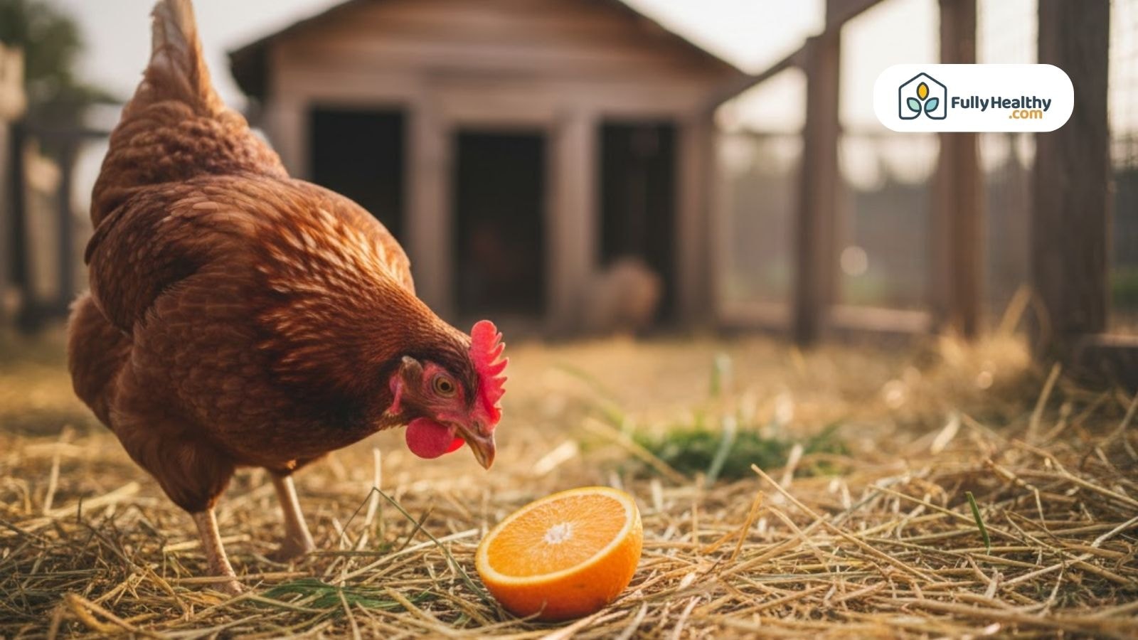 Chicken pecking at sliced orange on straw-covered ground outdoors