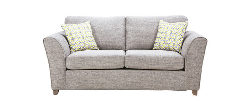 A standard grey two seater sofa with wood feet and two patterned accent cushions.
