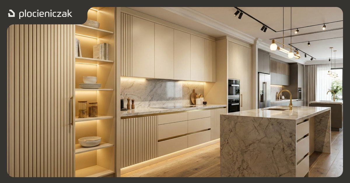 Kuchnia premium na wymiar prezentująca różne warianty ryflowania – gęste wąskie żłobienia na wysokiej szafie i szersze pasy na szafkach dolnych