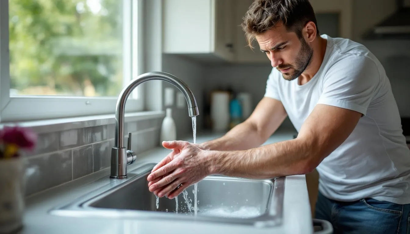 In the image, an owner is washing their hands at a kitchen sink after handling a dog that shows visible signs of a skin condition, likely related to canine pyoderma. The owner appears attentive to hygiene, emphasizing the importance of preventing bacterial infections associated with skin diseases in companion animals.