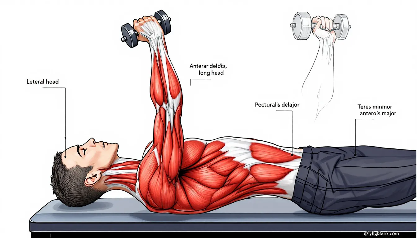 Illustration of muscles activated during lying triceps extensions, including the triceps muscle.
