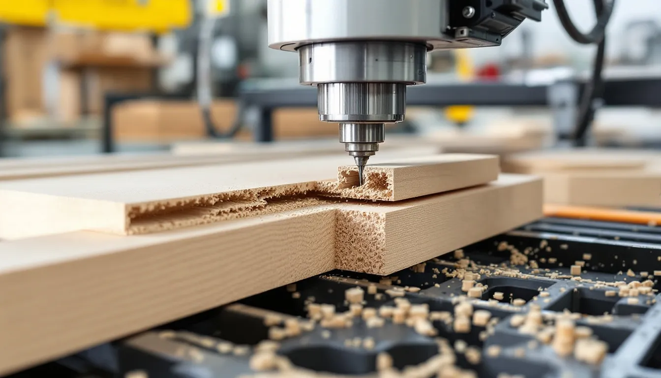 Een CNC-freesmachine bewerkt nauwkeurig houten kozijnprofielen, waarbij verschillende houtsoorten worden gebruikt om de gewenste afmetingen te bereiken. Deze machine is essentieel voor het maken van hoogwaardige houten kozijnen met een luxe uitstraling en goede isolatie.