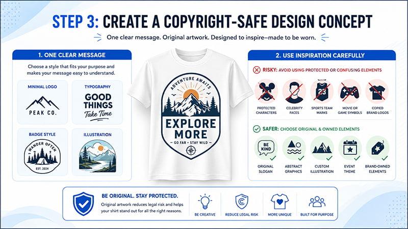 Copyright-safe T-shirt design concept infographic showing safe inspiration vs risky elements.