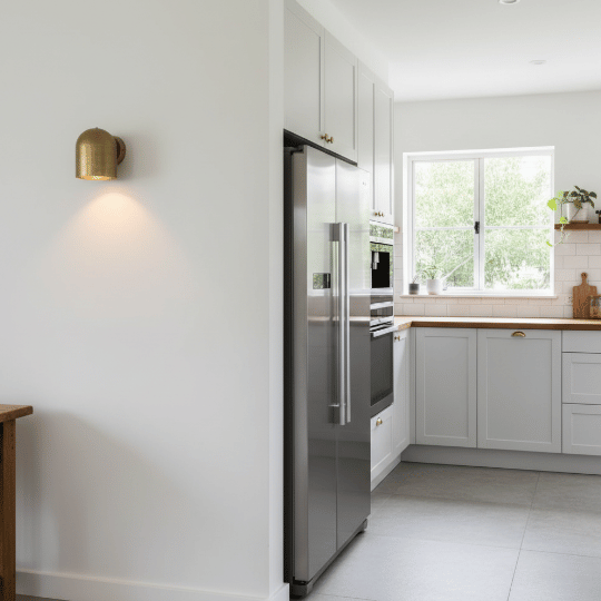 Vintage brass wall sconce light fixture providing soft kitchen accent lighting.