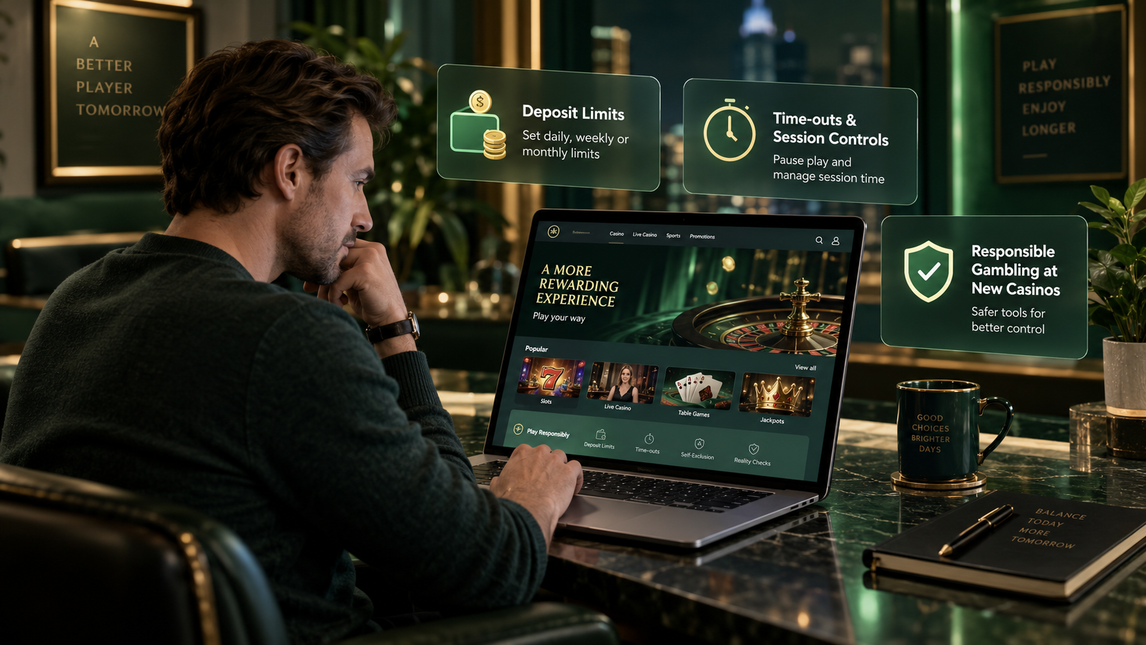 New casino site showing responsible gambling tools including deposit limits, time-outs and session controls.
