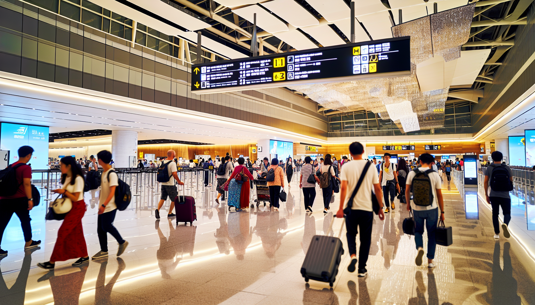 Passengers following signage to Lufthansa check-in area