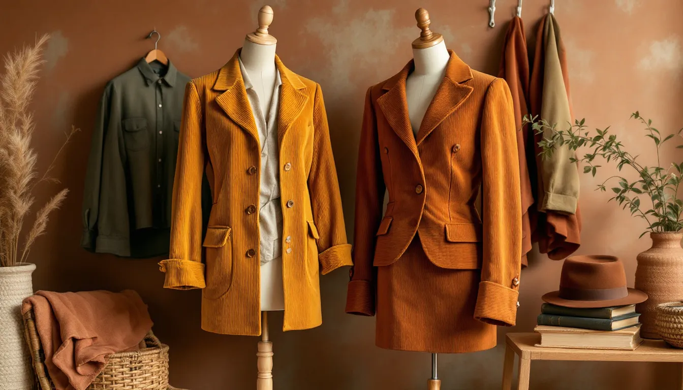 A variety of clothing items made from corduroy fabric.