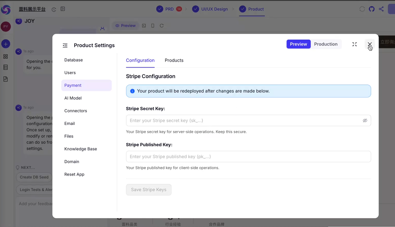Image showing a Stripe payment configuration panel, which was opened by the AI chatbot or AI bot that provides users with unlimited access to settings, features, and multiple tools in Omniflow
