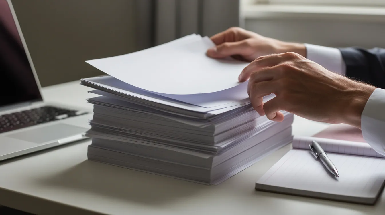 Een close-up van handen die documenten sorteren naast een laptop en een notitieblok, wat duidt op een zorgvuldige en voortvarende aanpak van een dringende reden. De documenten lijken belangrijk, mogelijk gerelateerd aan een arbeidsovereenkomst of juridisch advies.