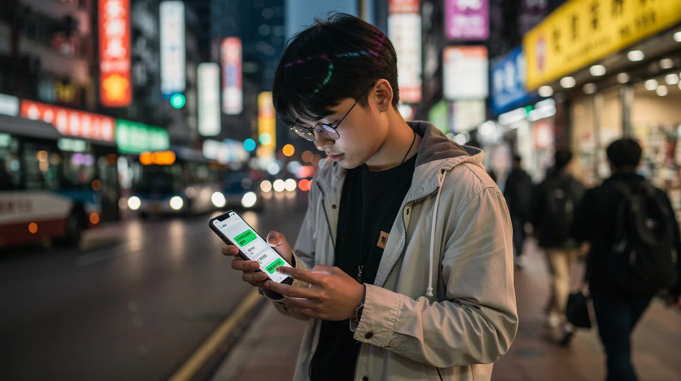 A Hong Kong citizen is looking down at their smartphone, engaged in an instant messaging conversation, potentially discussing issues related to scams or security, such as protecting their WhatsApp account from hackers or verifying suspicious messages. The image captures the essence of modern communication while highlighting the importance of being cautious with personal information.