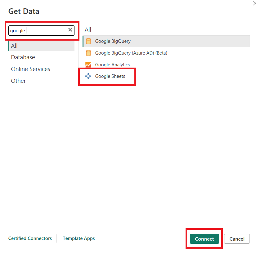 Search Google Sheet from search results to add native connectors