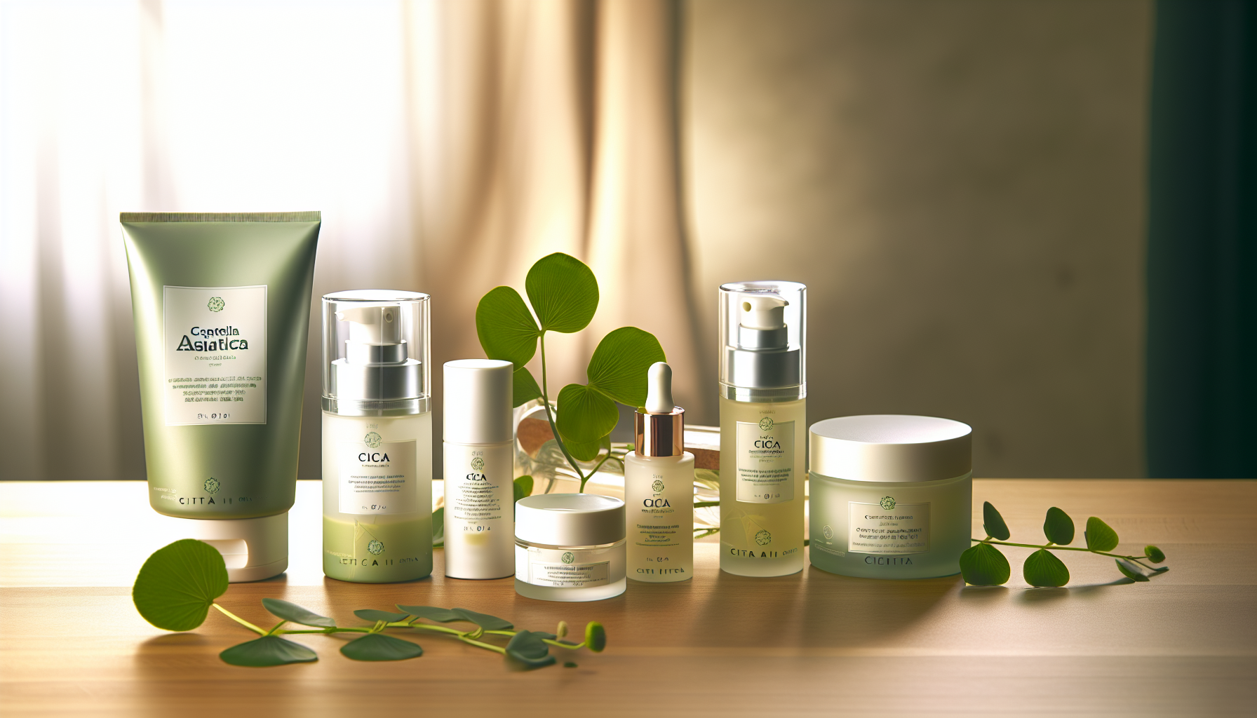 Various skincare products with Centella Asiatica extract for different skin types