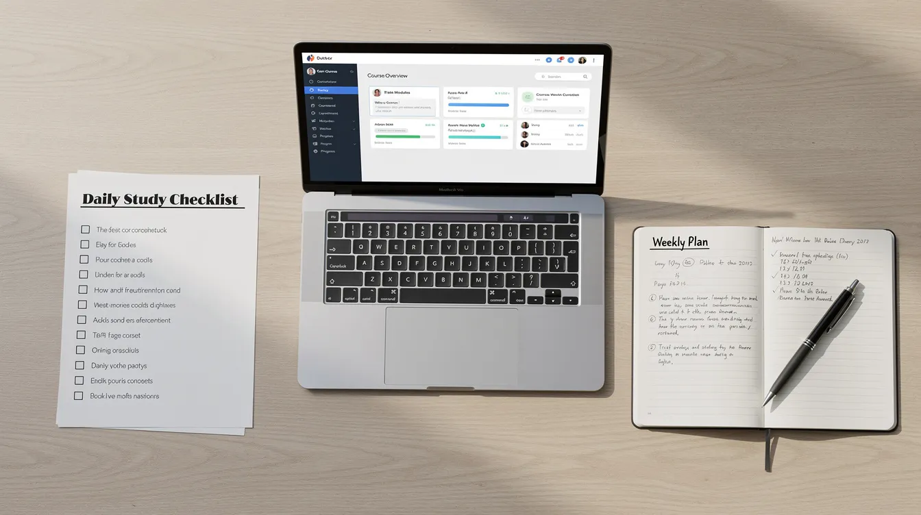 The image depicts a clean desk featuring a printed checklist, a laptop displaying an online course dashboard, and a notebook filled with handwritten planning notes, all essential elements in the online course creation process. This setup reflects the organization and focus needed for effective course content development and instructional design. The image depicts a clean desk featuring a printed checklist, a laptop displaying an online course dashboard, and a notebook filled with handwritten planning notes, all essential elements in the online course creation process. This setup reflects the organization and focus needed for effective course content development and instructional design.