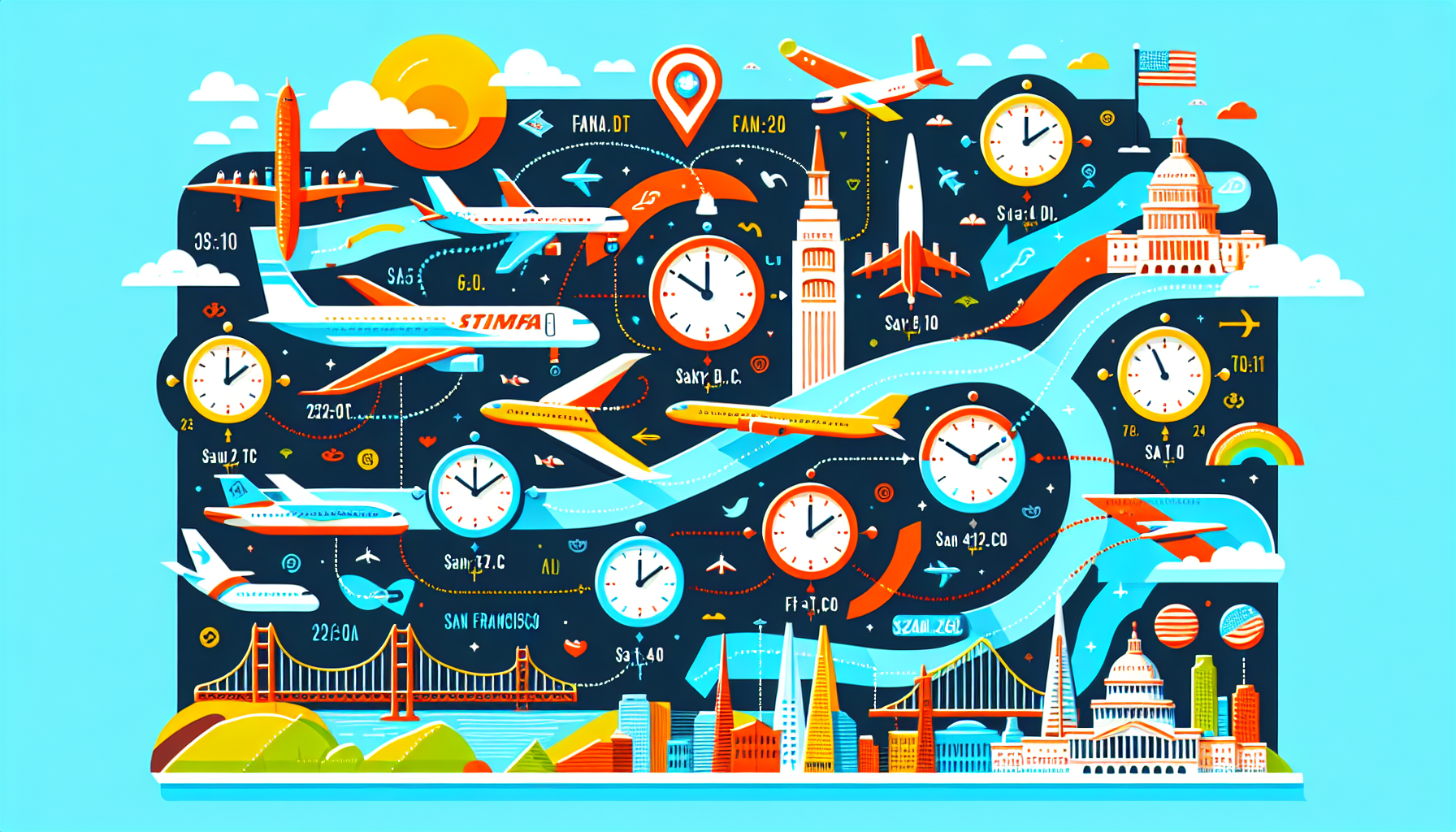 A graphic showing direct flight options from Washington D.C. to San Francisco.