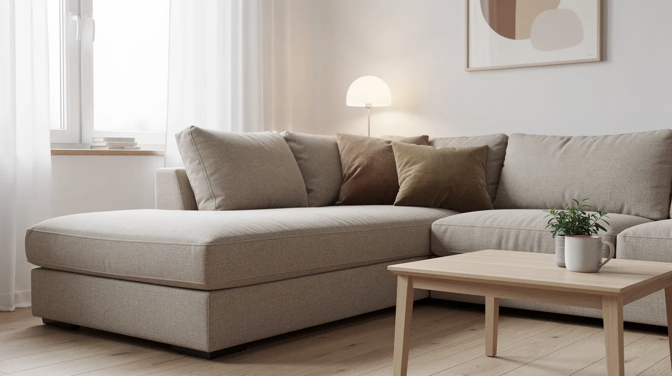 En närbild av en bekväm hörnsoffa i mjuk beige ton, som står i ett stilrent skandinaviskt vardagsrum med ljusa väggar och minimalistisk inredning. Soffan är en del av ett utvalt sortiment av outlet möbler som erbjuder både komfort och stil.
