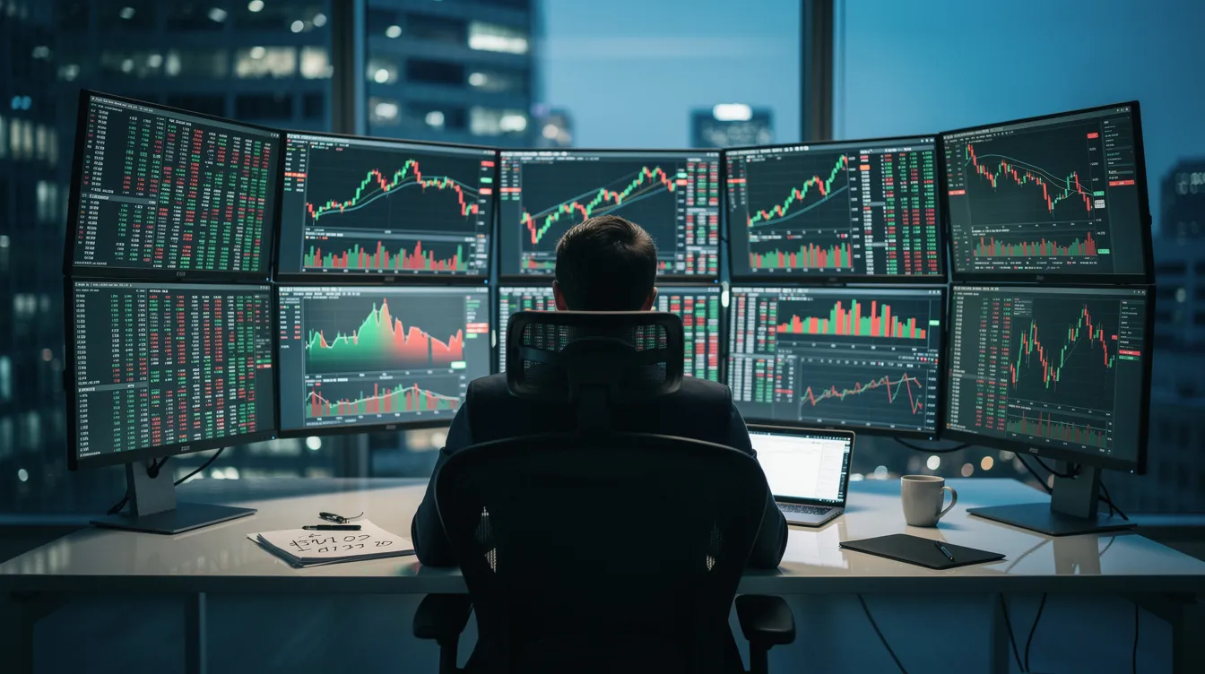 The image shows a person sitting at a desk surrounded by multiple computer monitors displaying financial charts and price graphs related to precious metals, including gold, silver, platinum, and palladium. The screens feature interactive charts that provide live prices and historical data, essential for traders to measure market value and analyze supply and demand factors.