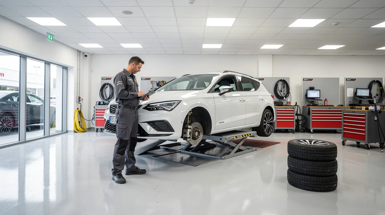 The image depicts a modern car dealership service bay where a SEAT vehicle is being serviced, highlighting the importance of vehicle maintenance for improving fuel efficiency. Technicians are working on the car, which emphasizes how regular servicing can help enhance fuel economy and reduce fuel consumption.