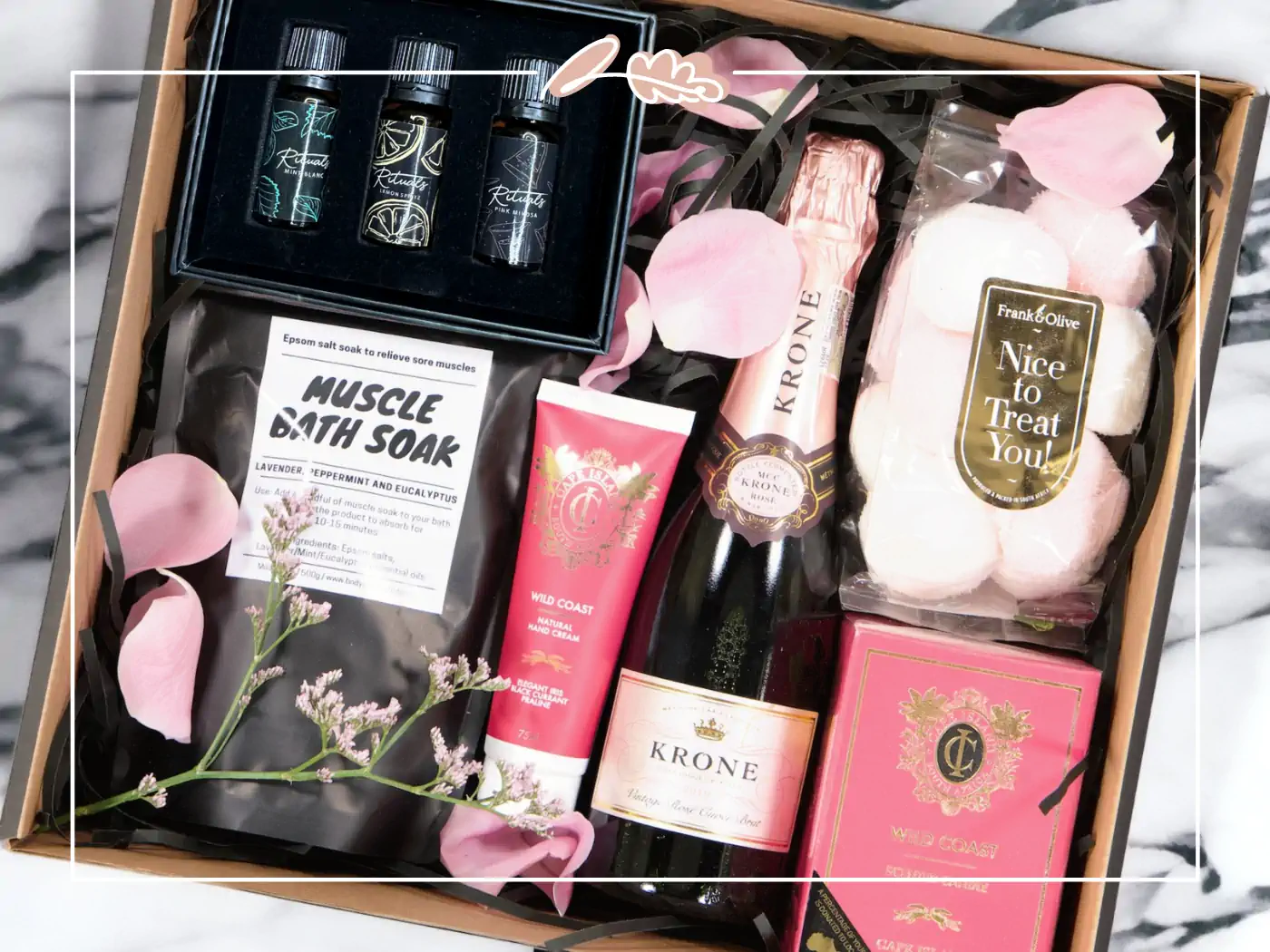 Luxury gift box with muscle bath soak, Krone sparkling wine, and pampering products, Fabulous Flowers and Gifts