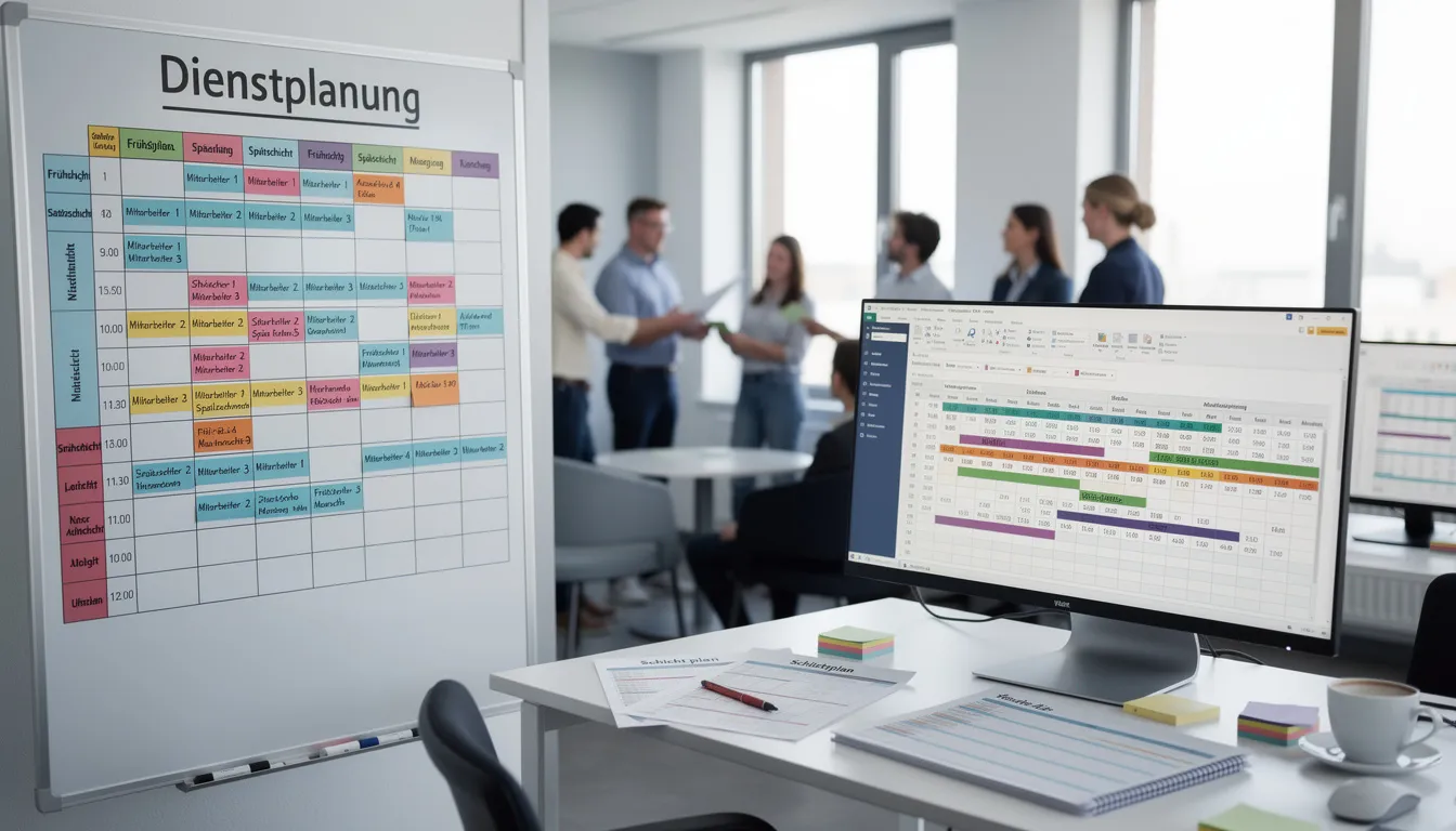 Das Bild zeigt eine Dienstplanung für ein mittleres Team mit 15 bis 25 Mitarbeitenden, die in mehreren Schichten arbeiten. Auf dem Plan sind verschiedene Rollen und Schichten farblich markiert, um den Rhythmus der Arbeitszeiten klar darzustellen und eine effektive Organisation zu gewährleisten.