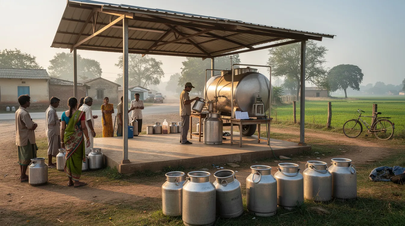 271aba0f f0a8 4cc4 b5ce b8f8c7ce06c0 A rural scene depicts dairy farmers interacting with milk collection tankers at a village collection center, emphasizing the importance of the milk powder industry in local dairy processing. The image highlights the community's role in the milk powder manufacturing business and the collection of fresh milk for production.