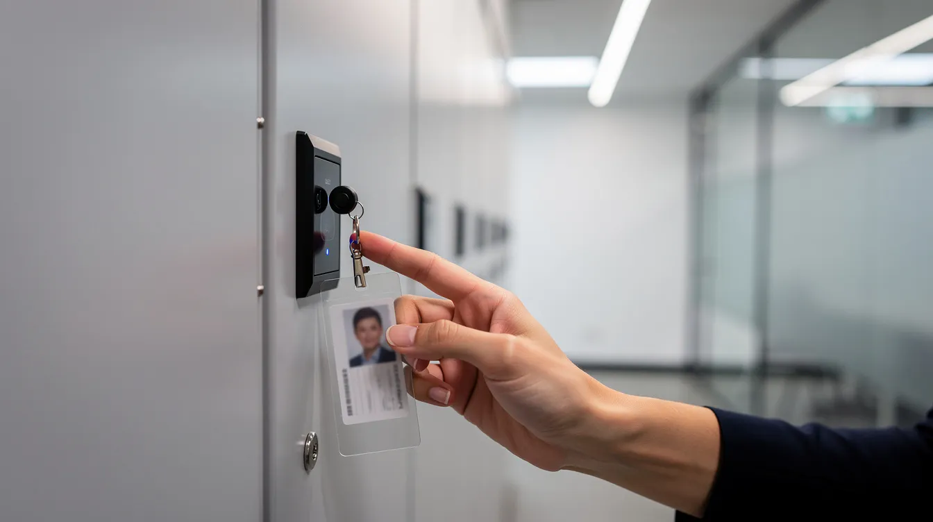 A close-up view shows a person tapping an ID badge against the panel of a modern smart locker in an office corridor, illustrating the secure access features of the smart locker system. This user-friendly interface highlights advanced access methods, enhancing security for personal belongings and streamlining operations in business environments.
