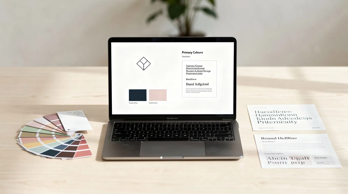 The image depicts a minimalist design workspace featuring a laptop displaying brand design mockups alongside color swatches and typography samples, essential tools for a successful brand launch strategy. This setup emphasizes the importance of visual identity and brand messaging in creating a consistent brand identity that resonates with the target audience.