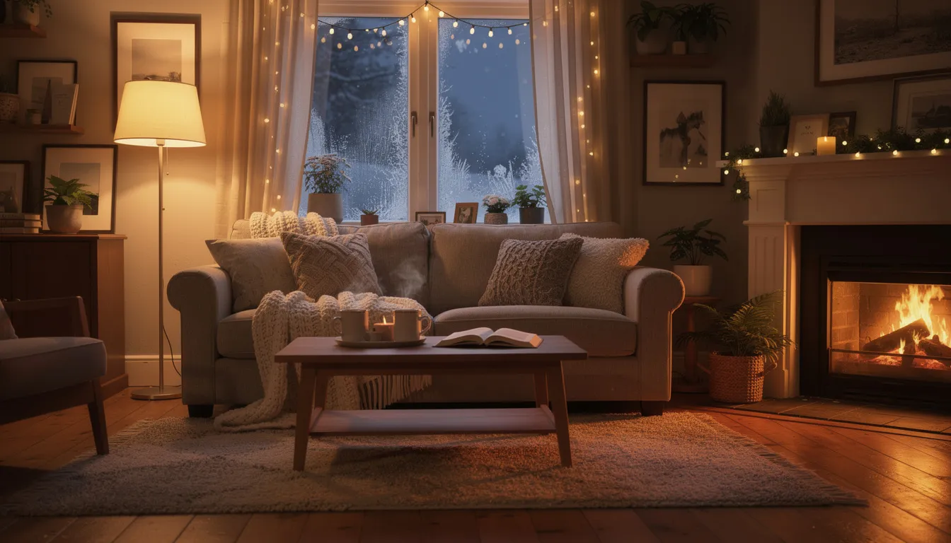 The image depicts a cosy living room interior bathed in warm lighting, creating a welcoming atmosphere on a winter evening. The scene features traditional timber framed windows, which could benefit from modern double glazing for improved insulation and energy efficiency.