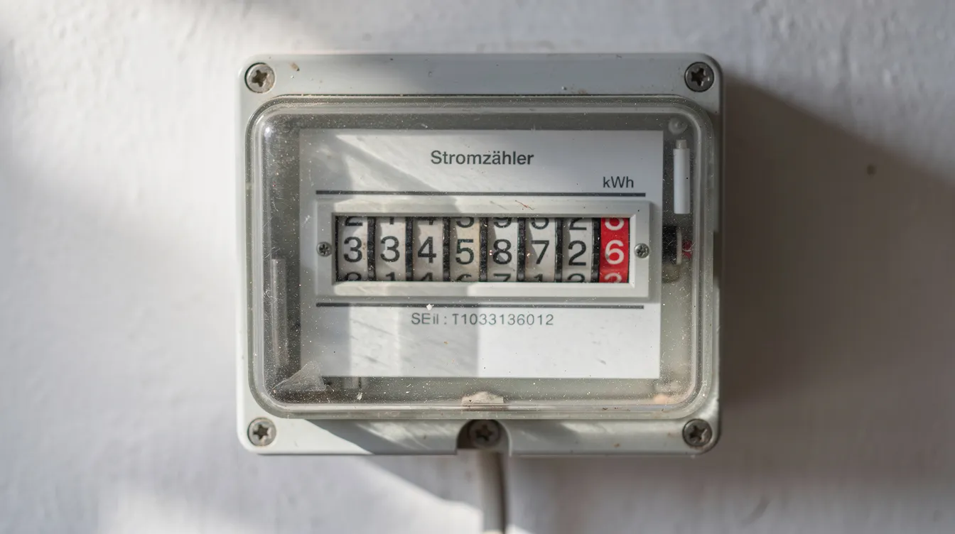 Die Nahaufnahme zeigt einen Stromzähler an einer Wand, dessen Ziffern deutlich sichtbar sind und den aktuellen Zählerstand anzeigen. Diese Informationen sind wichtig für Kunden von Strom und Gas Anbietern wie entega, um ihren Verbrauch zu überwachen und Rechnungen zu verwalten.