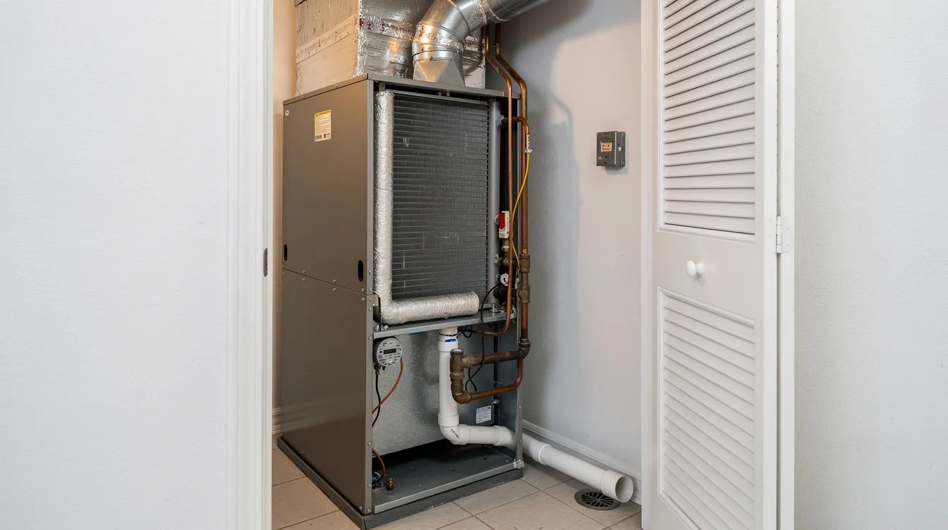 The image depicts an indoor evaporator coil and air handler installed in a residential utility closet, showcasing visible refrigerant lines and a condensate drain. This air conditioning system, featuring advanced technology for efficient cooling, is designed to improve energy efficiency and lower energy bills for homeowners.