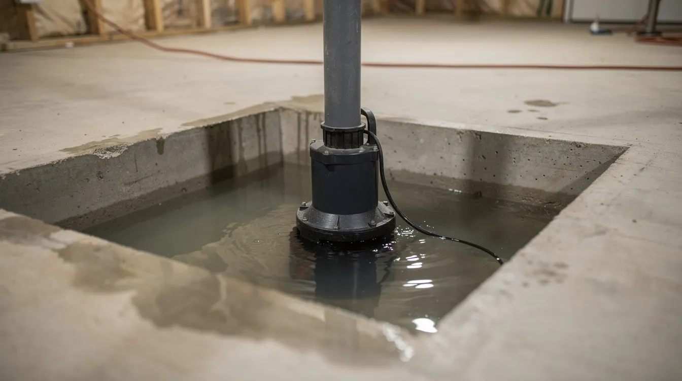 The image shows a sump pump installed within a concrete sump pit in a residential basement, surrounded by water, indicating potential flooding issues. This setup is crucial for preventing water damage and maintaining the home's foundation, highlighting the importance of sump pump installation and regular maintenance.