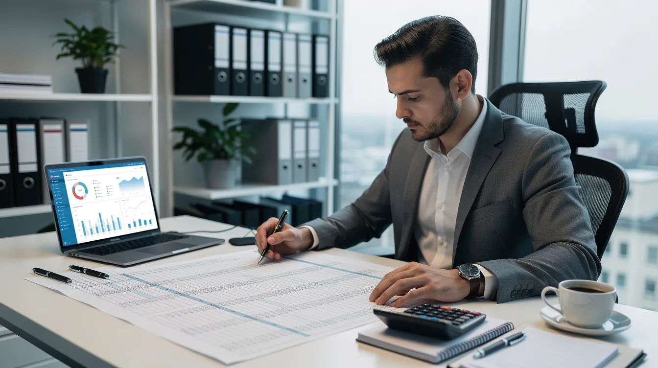 271dc09d 6296 492a b81f 4c2891802cca The image shows a professional accountant working diligently at a desk cluttered with financial spreadsheets, a calculator, and a laptop, all set in a modern office environment. The accountant appears focused on analyzing the company's financial trends and calculating vital financial ratios, such as the debt service coverage ratio, to assist clients, including those seeking financial help for cancer treatment.