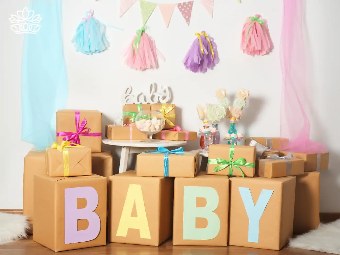 Baby Shower Gift Boxes Collection with Colourful Decorations and Fabulous Flowers and Gifts - Ideal for Celebrating New Babies.