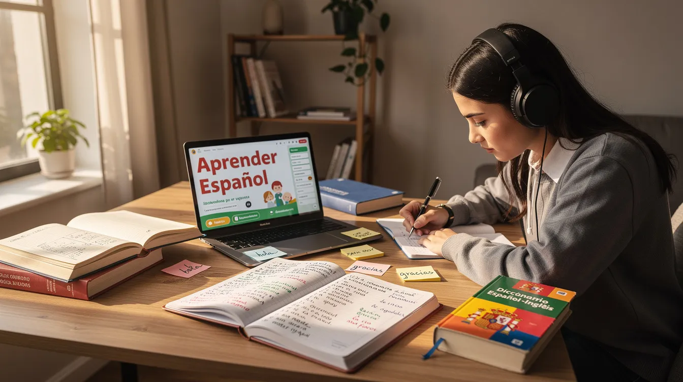 A student is focused on studying Spanish language materials at a desk, wearing headphones to enhance their listening comprehension skills. They are likely preparing for the CLEP Spanish Language exam, engaging with authentic stimulus materials such as dialogues, narratives, and reading passages to earn college credit.