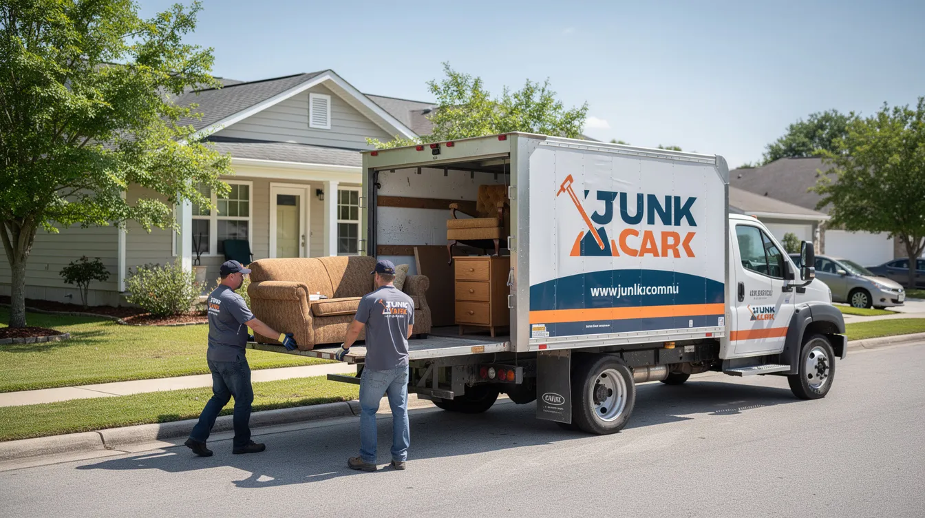Junk removal crew loading heavy furniture into a truck on a residential Philadelphia street during a house cleanout