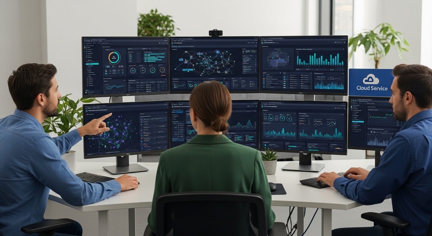 Small IT team monitoring centralized virtual desktops from a clean cloud management dashboard.
