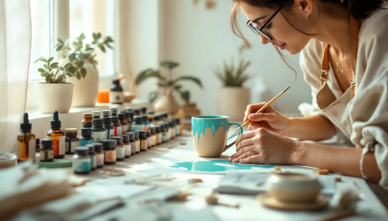 A person is painting a ceramic mug with a brush, surrounded by jars of paint, essential oils, and various craft tools on a neat table illuminated by natural light, showcasing a fun and creative way to create homemade gifts with a personal touch. This scene highlights the joy of DIY projects, perfect for thoughtful gestures during special occasions.