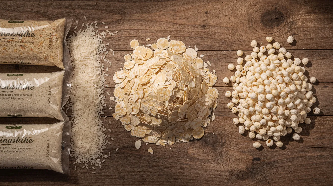 The image features a variety of rice products, including bags of white rice, poha flakes, and puffed rice, arranged on a wooden surface, showcasing the diversity of the rice milling industry. These products represent the final output of a rice processing plant, highlighting the importance of quality control and modern rice milling techniques in meeting market demand.