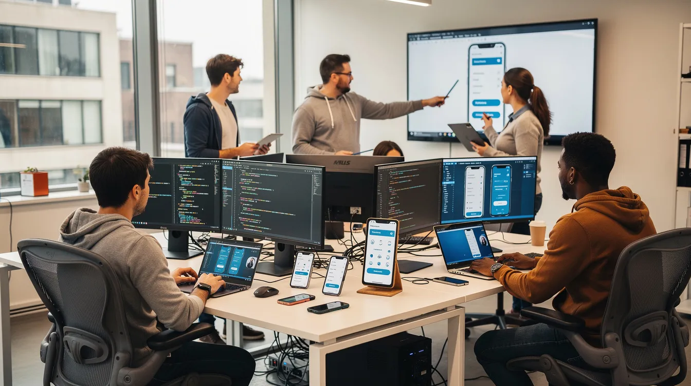Équipe de développeurs travaillant devant des écrans affichant du code et des interfaces mobiles.