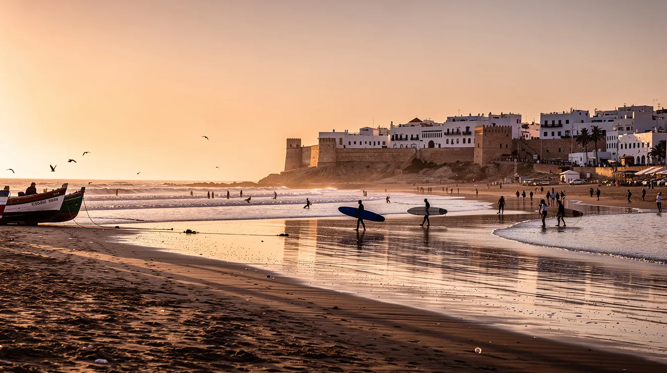 A imagem mostra a praia de Essaouira, com suas ondas do Oceano Atlântico quebrando na areia dourada, cercada por casas brancas e azuis que refletem a beleza da cidade. Ao fundo, as muralhas históricas da medina se destacam, criando uma atmosfera única e vibrante, típica do norte da África.