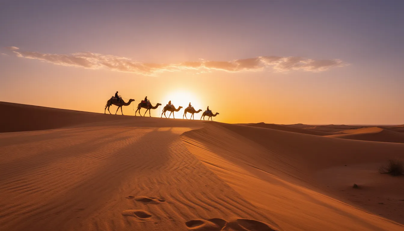 The image depicts the golden sand dunes of the Sahara Desert at sunset, with a camel caravan silhouetted against the vibrant sky, showcasing the natural beauty of North Africa. This scene captures the essence of Moroccan culture and the rich history associated with desert areas, inviting nature lovers to explore the breathtaking landscapes of Morocco.