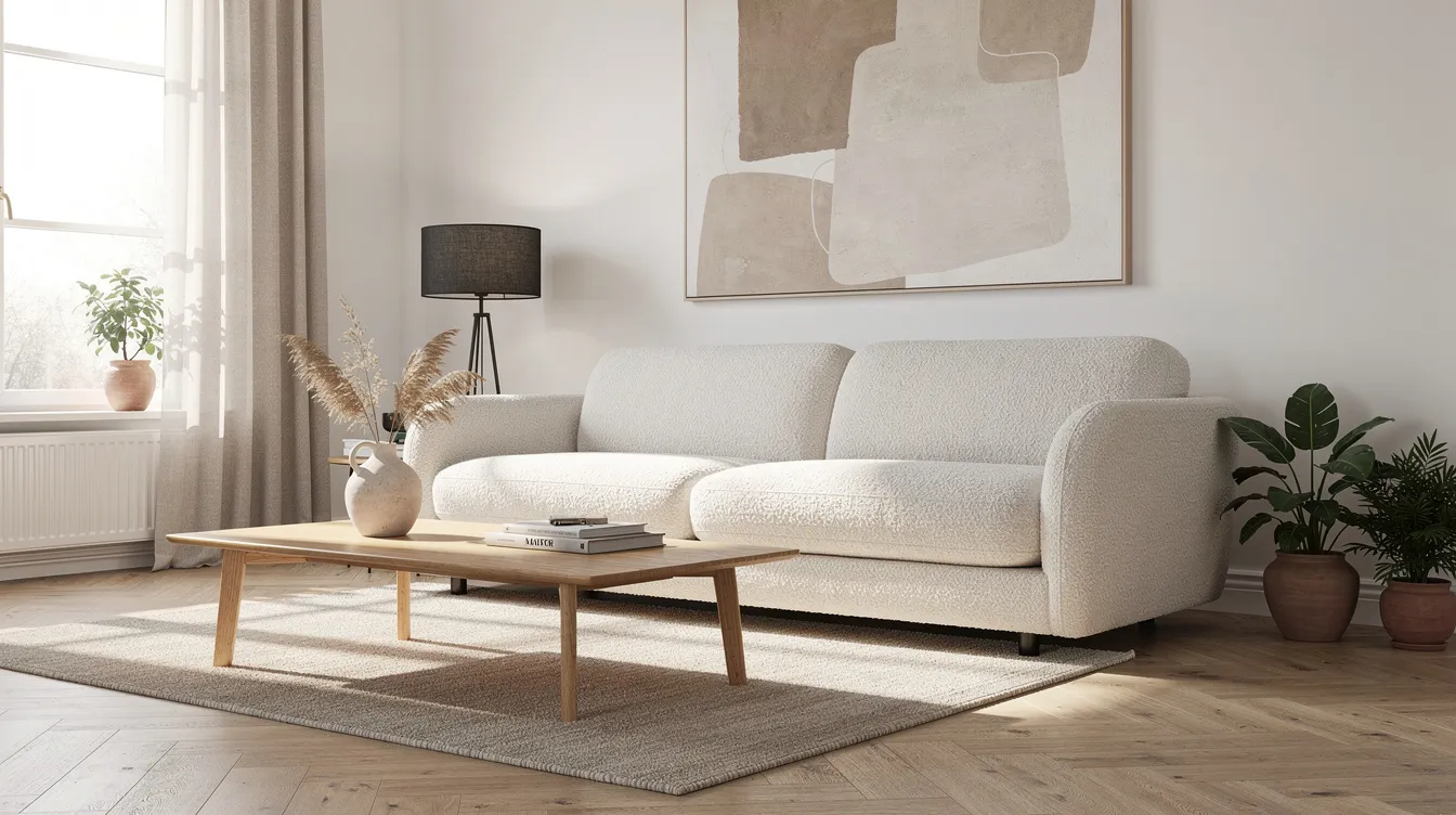Een moderne woonkamer met een offwhite bouclé bank, gemaakt van zachte stof, en een houten salontafel, die een warm en comfortabel interieur creëert. De pluizige textuur van de bouclé bekleding voegt een luxe uitstraling toe aan de ruimte.
