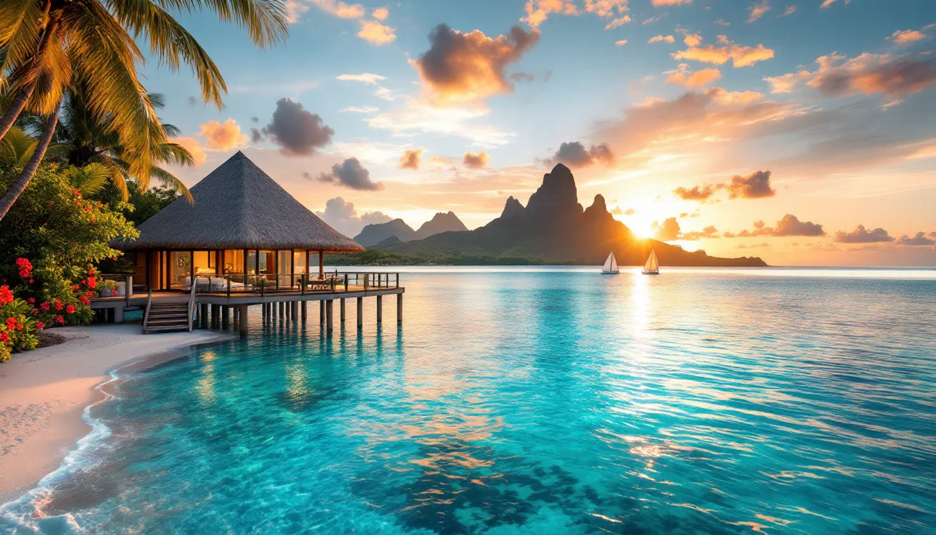 A romantic sunset view in Bora Bora, illustrating why would someone want to go to Bora Bora for a perfect getaway.