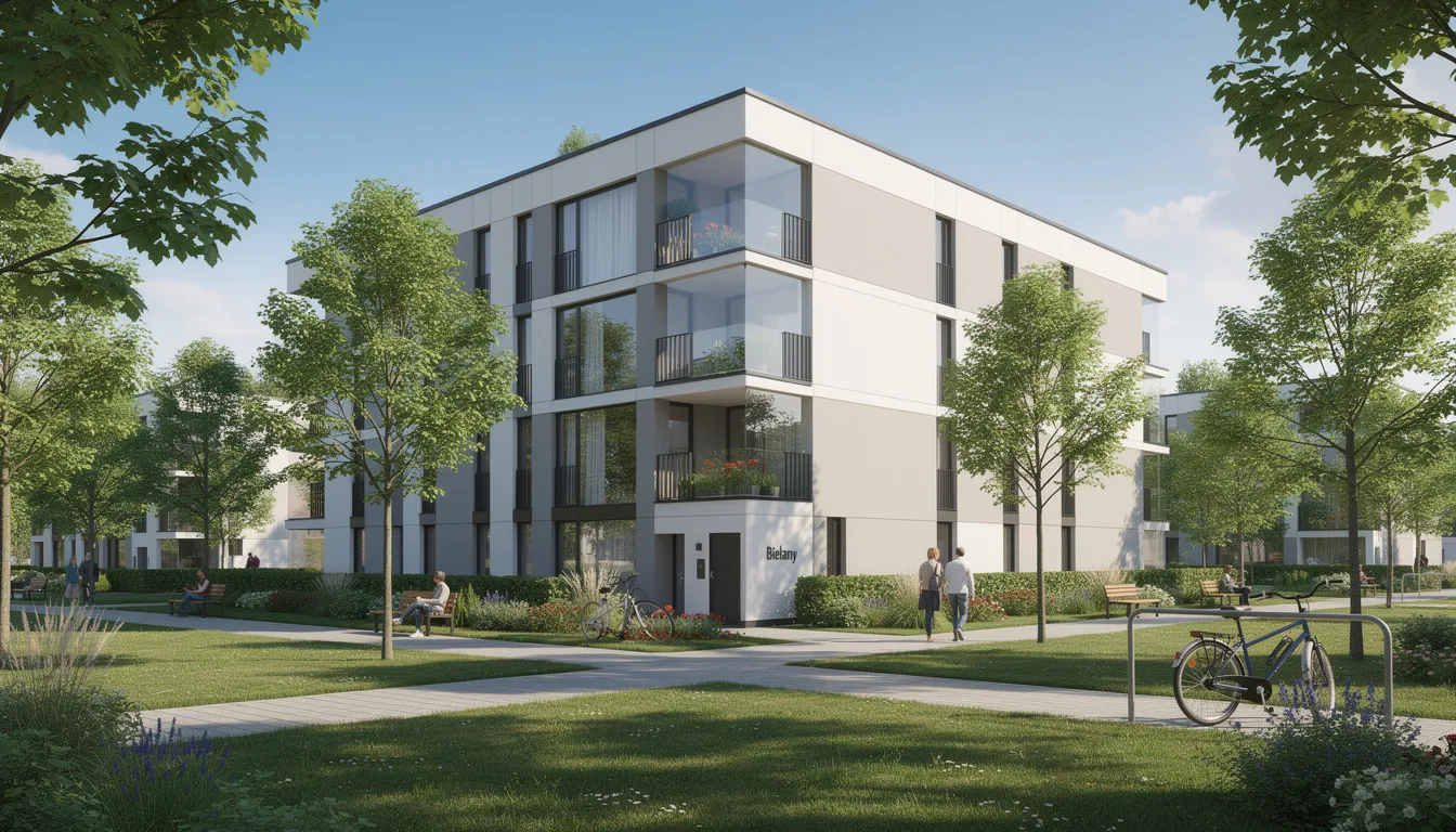 Nowoczesny blok mieszkalny na warszawskich Bielanach otoczony terenami zielonymi, co czyni go idealnym miejscem do zamieszkania w jednej z najbardziej zielonych dzielnic Warszawy. W tle widać zieleń oraz elementy architektury, które wpisują się w rynki nieruchomości w Warszawie.