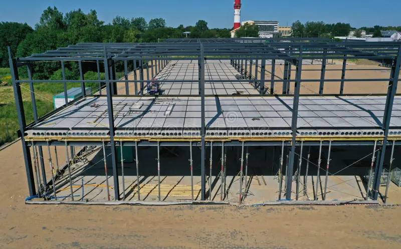 Aerial view of a steel structure building in an industrial setting