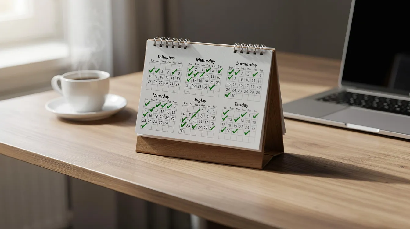 The image shows a desk calendar with checkmarks indicating progress through the months, accompanied by a coffee cup and a laptop, symbolizing productivity and organization. This setting could represent the workspace of a digital marketing agency focused on SEO strategies and search engine optimization services.