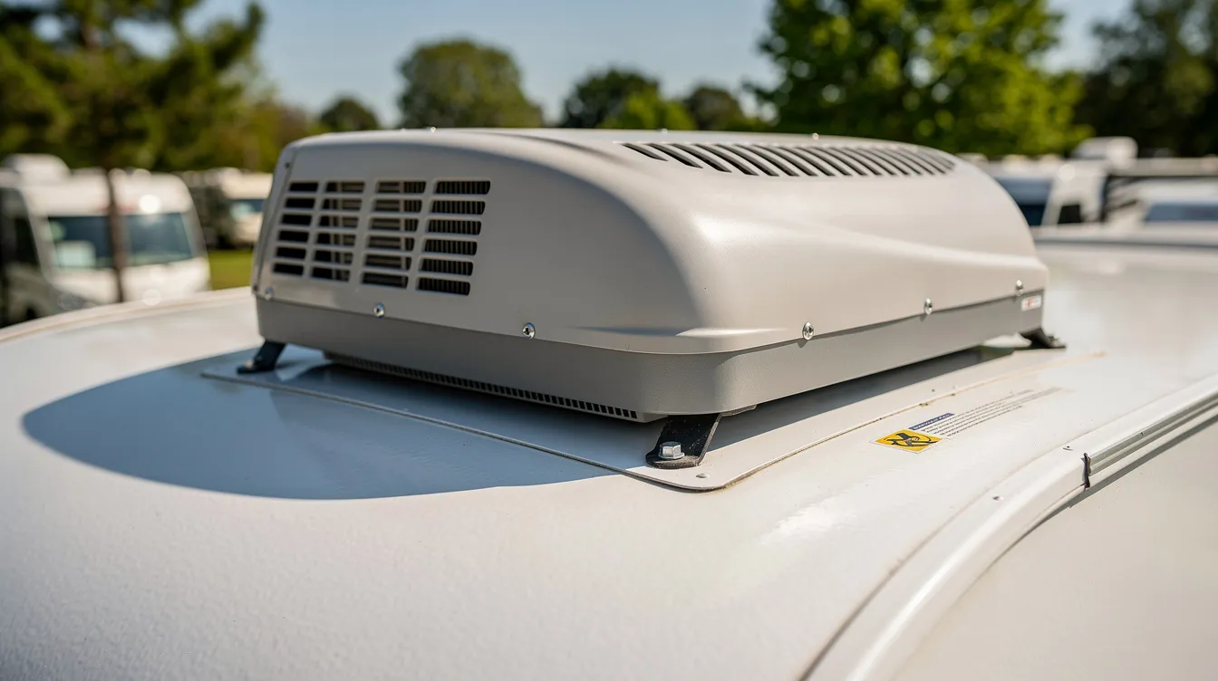 A close-up view of an RV rooftop air conditioner unit is shown on the roof of a white travel trailer, basking in the sunlight at a campground. The unit is essential for RV owners to stay cool during hot weather, and it features components like the fan motor and condenser coils that help maintain a comfortable temperature inside the vehicle.