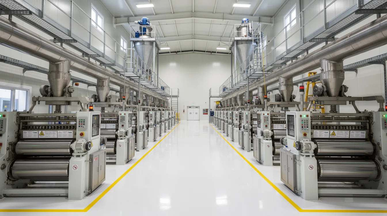The image depicts the interior of a large industrial flour mill plant featuring multiple steel roller mills and bucket elevators, all set within a clean factory environment. This advanced machinery setup is designed for optimal performance, ensuring consistent flour quality and high production capacity.