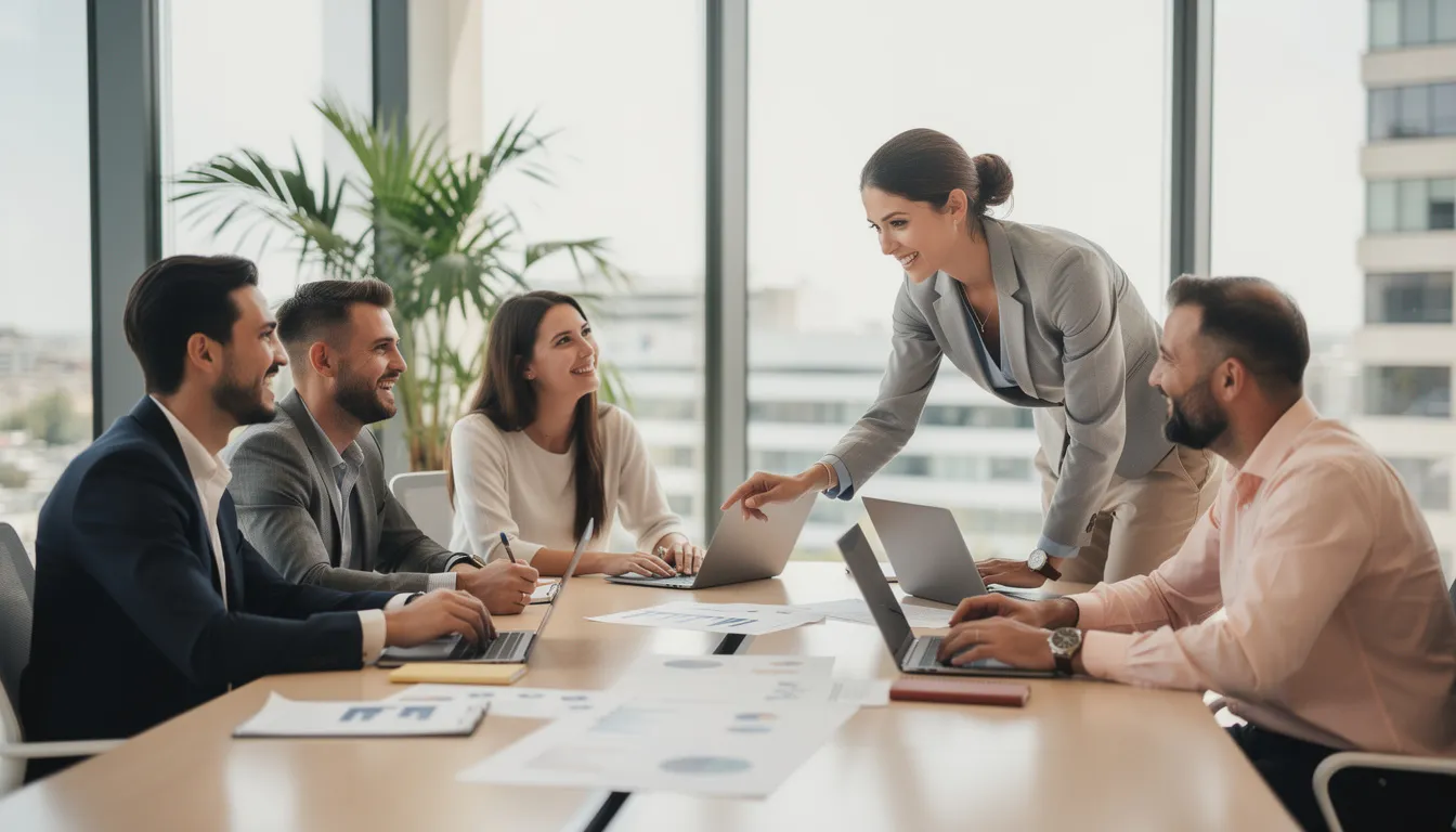 Un groupe de jeunes professionnels discute et collabore autour d'une table de travail, échangeant des idées sur des projets liés à l'enseignement supérieur et à la recherche scientifique. Cette scène illustre l'importance de la collaboration dans des domaines variés tels que les sciences sociales et l'ingénierie, tout en mettant en avant les opportunités d'étudier en Hongrie pour les étudiants internationaux.