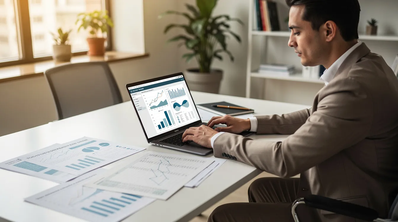 A professional is seated at a desk, intently reviewing financial plans on a laptop, which may include details about small business loans and financing options for business owners. The setting suggests a focus on enhancing cash flow and preparing for potential business expansion.